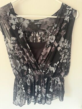 Express Sheer Floral Print Tank - Black and Gray